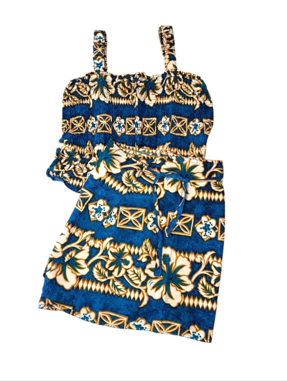 VTG Blue Gold Hawaiian Two Piece Top & Wrap Skirt‎ Cover Up Swim Set *One Size